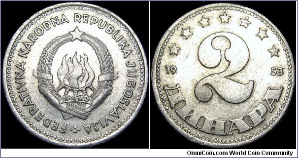 Yugoslavia - 2 Dinara - 1953 - Weight 1,3 gr - Aluminum - Size 22,2 mm - President / Josip Broz Tito (1953-80) - Edge : Plain - Reference KM# 31 (1953)
