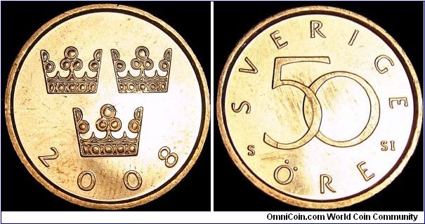 Sweden - 50 Öre - 2008 - Weight 3,7 gr - Thickness 1,8 mm - Bronze - Size 18,75 mm - Regent / Carl XVI Gustaf - Designer / Bo Thorén - Edge : Plain - Reference KM# 878 (1992-2010)