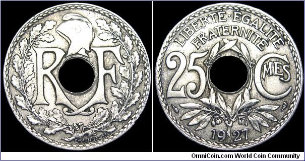 France - 25 Centimes - 1927 - Weight 4,9 gr - Copper / Nickel - Size 24 mm - President / Gaston Doumergue (1924-31) - Obverse / Liberty cap - Mintage 13 465 000 - Edge : Plain - Reference KM# 867a (1917-37)
