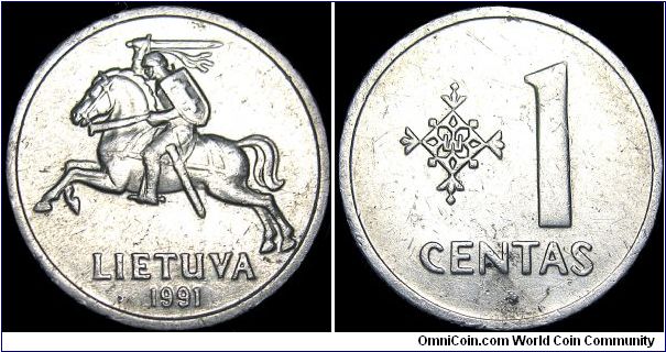 Lithuania - 1 Centas - 1991 - Weight 0,62 gr - Aluminum - Size 18,73 mm - President / Vytautas Landsbergis (1990-92) - Obverse / National arms - Edge : Plain - Reference KM# 85 (1991)