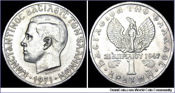 Greece - 1 Drachma - 1971 - Weight 4,0 gr - Copper / Nickel - Size 21 mm - Ruler / Constantine II (1964-73) - Reverse / Soldier in front of Phoenix - Designer / Vassos Phalireas - Mintage 11 985 000 - Edge : Reeded - Reference KM# 98 (1971-73)