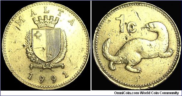 Malta - 1 Cent - 1991 - Weight 2,9 gr - Copper / Zink - Size 18 mm - President / Dr. Censu Tabone (1989-94) - Obverse / Crowned shield within springs - Reverse / Weasel below value - Obverse Designer / Galea Bason - Edge : Plain - Reference KM# 93 (1991-98)