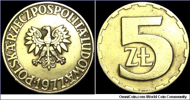 Poland - 5 Zlotych - 1977 - Weight 5,0 gr - Brass - Size 24 mm - Head of state / Henryk Jablonski (1972-85) - Mintage 50 000 000 - Edge : Reeded - Struck at Leningrad Mint - Reference KM# 81.1 (1975-85)