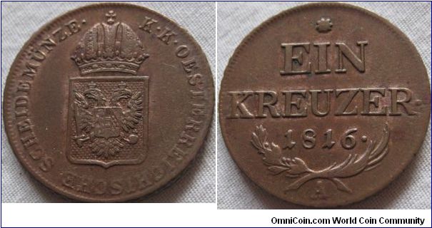 EF 1 krauzer from 1816 vienna mint nice coin