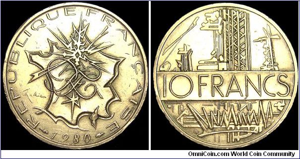 France - 10 Francs - 1980 - Weight 10,1 gr - Nickel / Brass - Size 26 mm - President / Valéry Giscard dÉstaing (1974-81) - Designer / Georges Mathieu - Mintage 80 010 000 - Edge lettering : FRATERNITE-LIBERTE-EGALITE - Reference KM# 940 (1974-87) 