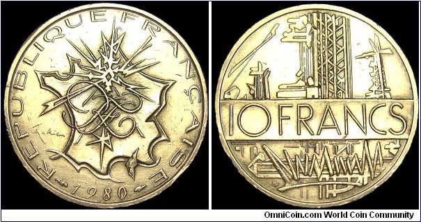 France - 10 Francs - 1980 - Weight 10,1 gr - Nickel / Brass - Size 26 mm - President / Valéry Giscard dÉstaing (1974-81) - Designer / Georges Mathieu - Mintage 80 010 000 - Edge lettering : FRATERNITE-LIBERTE-EGALITE - Reference KM# 940 (1974-87) 