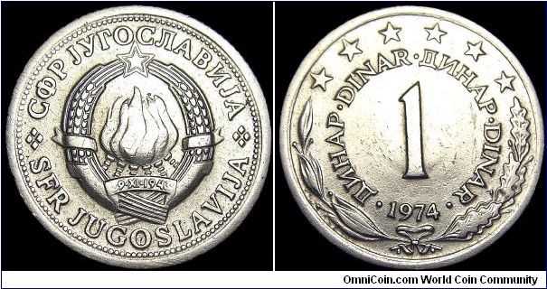Yugoslavia - 1 Dinar - 1974 - Weight 3,8 gr - Copper / Nickel / Zink - Size 21,8 mm - President / Josip Broz Tito (1953-80) - Mintage 42 724 000 - Edge : Milled - Reference KM# 59 (1973-81)