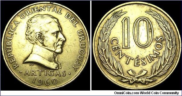 Uruguay - 10 Centesimos - 1960 - Weight 4,5 gr - Nickel / Brass - Size 24 mm - President / Benito Nardone (1960-61) - Obverse / José Gervasio Artigas Arnal (National hero) - Designer / T.H. Paget - Mintage 72 500 000 - Edge : Plain - Reference KM# 39 (1960)