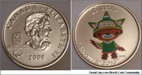 Canada, 25 cents, Vancouver 2010 Mascots series, Sumi, coloured coin