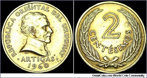Uruguay - 2 Centesimos - 1960 - Weight 2,0 gr - Nickel / Brass - Size 11 mm - President / Benito Nardone (1960-61) - Obverse / José Gervasio Artigas Arnal (National hero) - Designer / T.H. Paget - Mintage 17 500 000 - Edge : Plain - Note : Medal rotation - Reference KM# 37 (1960)
