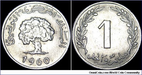 Tunisia - 1 Millimes- 1960 - Weight 0,65 gr - Aluminum - Size 18 mm - President / Habib Bourguiba (1957-87) - Obverse / Oak tree and date - Edge : Reeded - Reference KM# 280 (1960-83)