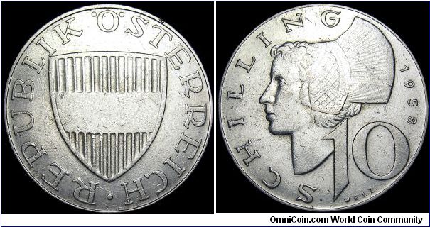 Austria - 10 Schilling - 1958 - Silvercoin 0,6400 Ag - Ag 0,1543 Troy Ounce - Weight 7,5 gr - Size 27 mm - President / Adolf Shärf (1957-65) - Obverse Designer / Kurt Bodlak - Reverse Designer / Ferdinand Welz - Mintage 27 280 000 - Edge : Reeded - Reference KM# 2882 (1957-73)