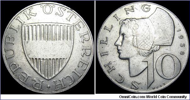 Austria - 10 Schilling - 1958 - Silvercoin 0,6400 Ag - Ag 0,1543 Troy Ounce - Weight 7,5 gr - Size 27 mm - President / Adolf Shärf (1957-65) - Obverse Designer / Kurt Bodlak - Reverse Designer / Ferdinand Welz - Mintage 27 280 000 - Edge : Reeded - Reference KM# 2882 (1957-73)