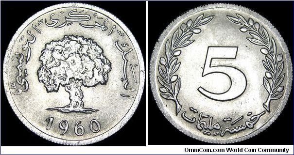 Tunisia - 5 Millimes - 1960 - Weight 1,5 gr - Aluminum - Size 24 mm - President / Habib Bourguiba (1957-87) - Obverse / Oak tree and date - Edge : Reeded - Reference KM# 282 (1960-96)