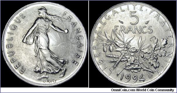 France - 5 Francs - 1994 - Weight 10 gr - Nickel-clad copper - Size 29 mm - President / Francois Mitterand (1981-95) - Obverse / The seed sower - Designer / Louis Oscar Roty - Mintage 3 990 000 - Edge : Reeded - Note : Fish - Reference KM# 926a.1 (1970-2000)