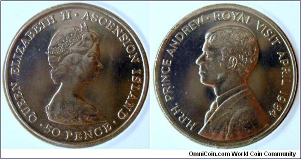50 pence.
1984, Ascension Island. Royal Visit of Prince Andrew (April - 1984)
