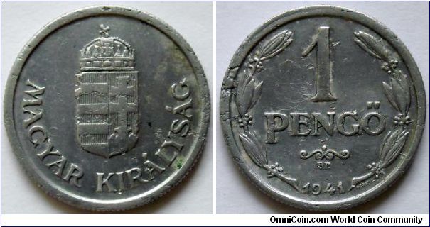 1 pengo, 1941. Very popular aluminum coin.
