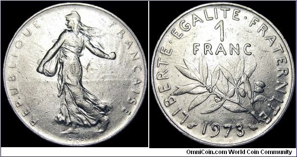 France - 1 Franc - 1973 - Weight 6,0 gr - Nickel - Size 24 mm - President / Georges Pompidou (1969-74) - Obverse / The seed sower - Designer / Louis Oscar Roty - Mintage 70 000 000 - Edge : Reeded - Note : No mintmark - Reference KM# 925.1 (1960-2000)