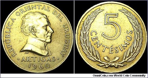 Uruguay - 5 Centesimos - 1960 - Weight 3,5 gr - Nickel / Brass - Size 20 mm - President / Benito Nardone (1960-61) - Obverse / José Gervasio Artigas Arnal (National hero) - Designer / T.H. Paget - Mintage 88 000 000 - Edge : Plain - Note : Medal rotation - Reference KM# 38 (1960) 