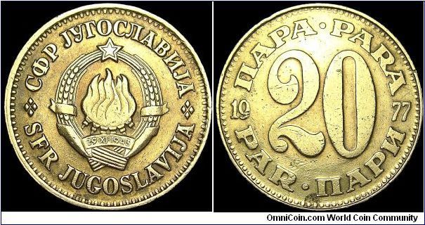 Yugoslavia - 20 Para - 1977 - Weight 4,0 gr - Copper / Zink - Size 23,2 mm - President / Josip Broz Tito (1953-80) - Mintage 40 782 000 - Edge : Milled - Reference KM# 45 (1965-81)