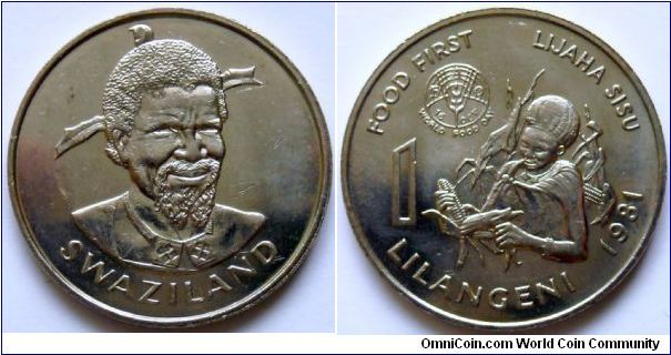 1 lilangeni.
1981. F.A.O. issue. Cu-Ni.
Weight 11,65g.
Diameter 30,00mm.
Mintage 871.000 units.