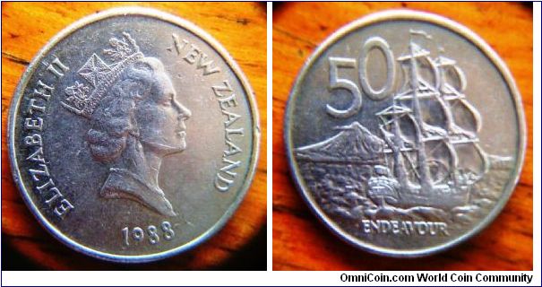 New Zealand 1988 32mm diameter cupro nickel showing very nice artwork on naval ship Endeavor