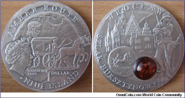 1 Dollar - Amber route - Wroclaw - 28.28 g Ag .925 UNC (oxydized with one piece of Amber) - mintage 10,000