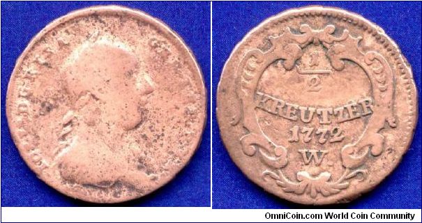 1/2 kreutzer.
Ioseph II (1765-1790) Emperor of Holy Roman Empire.
'W'- Breslau mint.


Cu.