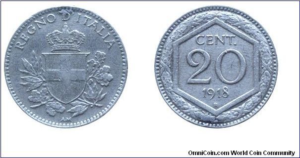 Italy, 20 centesimos, 1918, Cu-Ni, 21.3mm, 3.9g, MM: R (Rome).                                                                                                                                                                                                                                                                                                                                                                                                                                                      