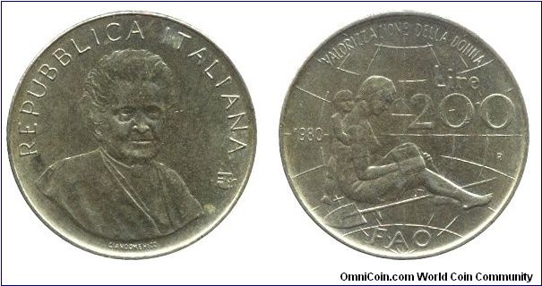 Italy, 200 liras, 1980, Al-Bronze, 24mm, 5g, MM: R, Maria Montessori, Valorizzazione della Donna, FAO.                                                                                                                                                                                                                                                                                                                                                                                                              
