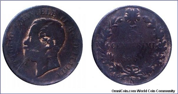 Italy, 5 centesimos, 1861, Cu, 25mm, 5g, MM: N (Napoli), King Victor Emanuel II.                                                                                                                                                                                                                                                                                                                                                                                                                                    