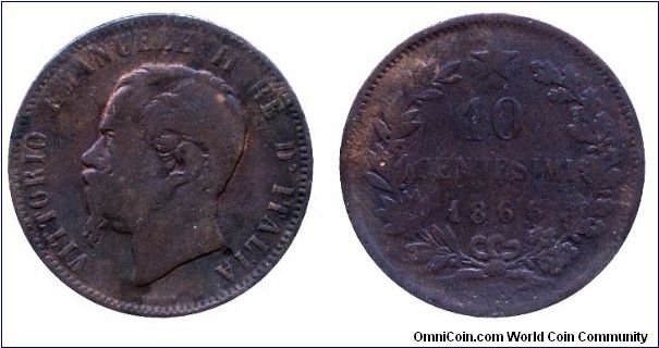 Italy, 10 centesimos, 1866, Cu, 30mm, 10g, King Victor Emanuel II.                                                                                                                                                                                                                                                                                                                                                                                                                                                  