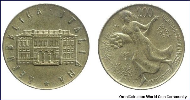 Italy, 200 liras, 1981, Al-Bronze, 24mm, 5g, MM: R (Rome), World Food Day, Villa Lubin.                                                                                                                                                                                                                                                                                                                                                                                                                             