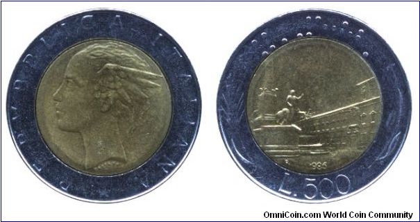 Italy 500 liras, 1986, Ac-Al-Bronze, bi-metallic (World's first circulation bi-metallic coin!), 25.8mm, 6.8g, MM: R (Rome), Piazza del Quirinale.                                                                                                                                                                                                                                                                                                                                                                   