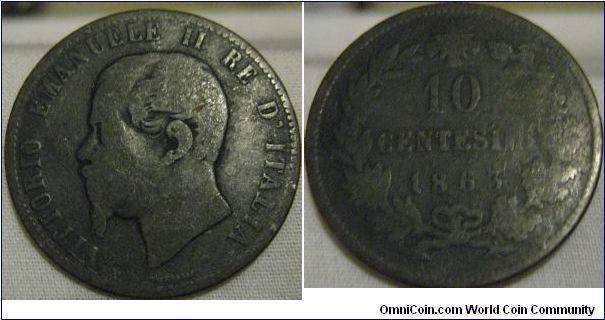 1863 10 centesimi from italy, fair grade.