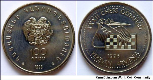 100 dram. 1996,
XXXII Chess Olympiad - Yerevan, Armenia.
Cu-ni. Weight 10,80g. Diameter 29,50mm. Reeded edge.