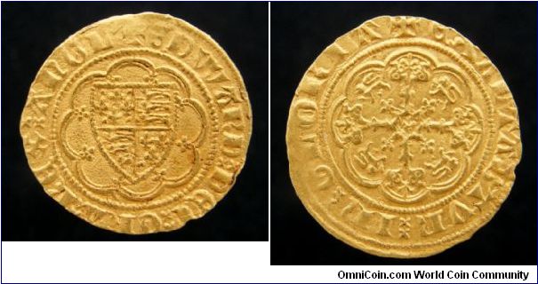 Edward III Gold Quarter Noble of the transitional treaty period with France. Minted at London and featuring a plethora of heraldic symbols.