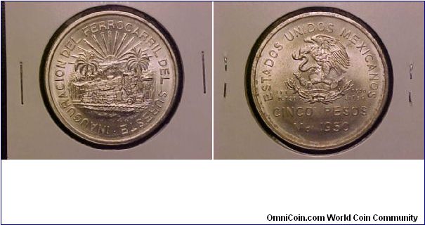 1950 Commemorative 5-peso coin for the national railroad, part of my trains on coins collection!
