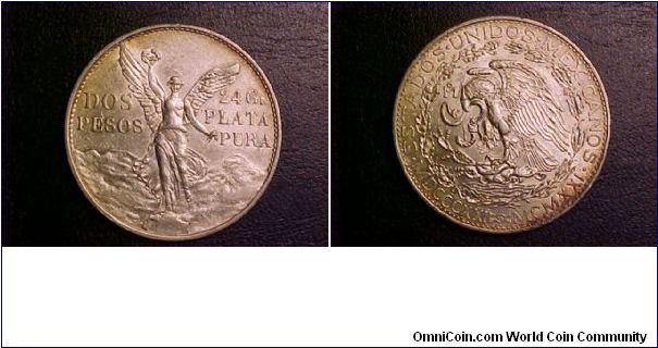 1921 Centennial celebration 2-peso with the famous image of winged victory that has been the subject of modern Mexican silver bullion coins since 1982