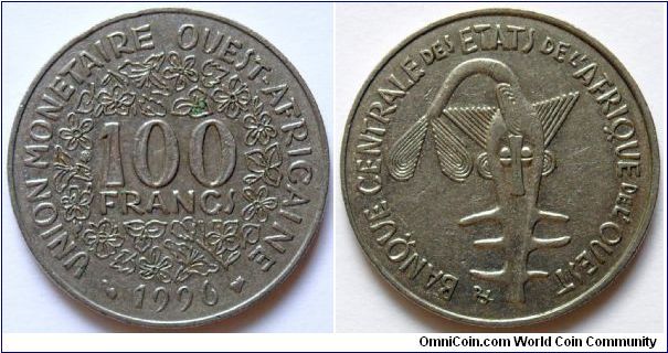 100 francs (franc CFA). 1996, West African Monetary Union (Benin, Burkina Faso, Gwinea Bissau, Cote d'Ivoire, Mali, Niger, Senegal and Togo)
