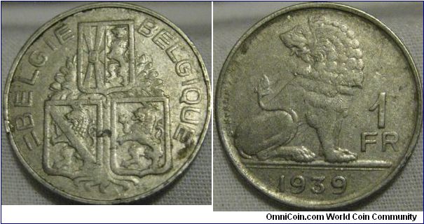1939 belgium 1 franc coin, VF grade