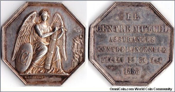 silver jeton engraved by Decourcelle and issued for `La Centre Mutuel' a French assurance company covering fire risks.