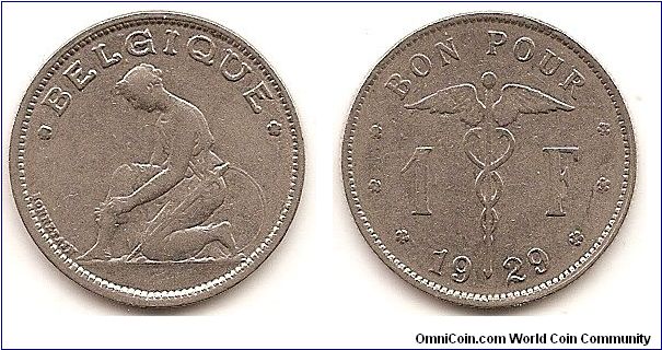 1 Franc
KM#89
5.0000 g., Nickel, 22.5 mm. Obv: Kneeling figure, legend in French Obv. Leg.: BELGIQUE Rev: Caduceus divides denomination and date Edge: Reeded