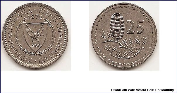 25 Mils
KM#40
2.8000 g., Copper-Nickel, 19.4 mm. Obv: Shielded arms within wreath, date above Rev: Cedar of Lebanon, denomination at left
