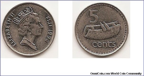 5 Cents
KM#51a
2.3700 g., Nickel Bonded Steel, 19.35 mm. Ruler: Elizabeth II Obv: Crowned head right Rev: Fijian drum - lali divides denomination
