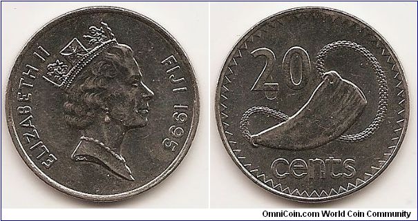 20 Cents
KM#53a
11.2500 g., Nickel Bonded Steel, 28.5 mm. Ruler: Elizabeth II Obv: Crowned head right Rev: Tabua on braided sennit cord divides denomination