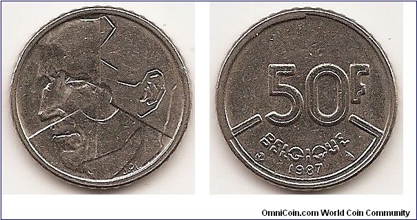 50 Francs
KM#168
7.0000 g., Nickel, 22.5 mm. Obv: Face left on divided coin Rev: Denomination, date at bottom, legend in French Rev. Leg.: BELGIQUE