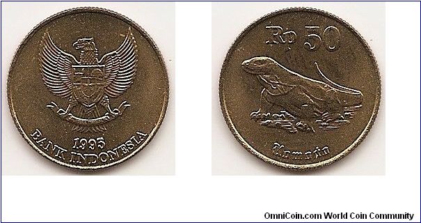 50 Rupiah
KM#52
3.2000 g., Aluminum-Bronze, 19.94 mm. Obv: National emblem Rev: Komodo dragon lizard Edge: Reeded