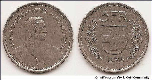 5 Francs
KM#40a.1
13.2000 g., Copper-Nickel, 31.3 mm. Obv: William Tell right Rev: Shield flanked by sprigs Edge: DOMINUS PROVIDEBIT and 13
stars raised