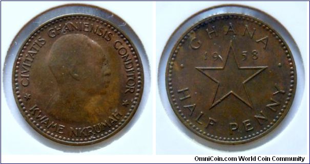 1/2 penny.
1958, Kwame Nkrumah